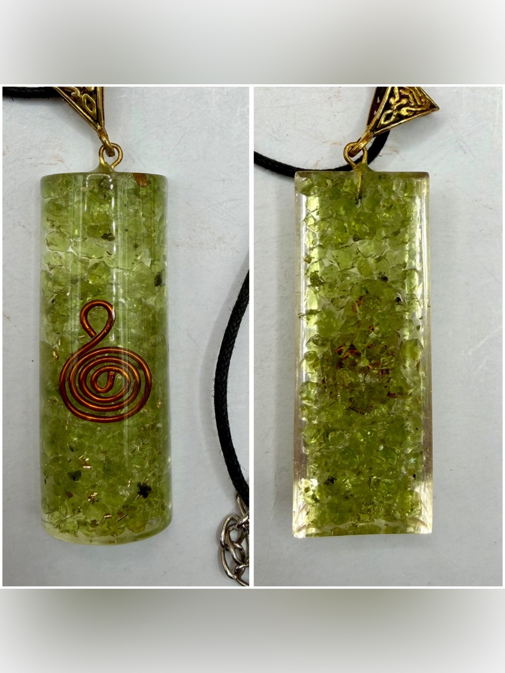 Green Peridot Resin Pendant Necklace with Copper Spiral Accent
